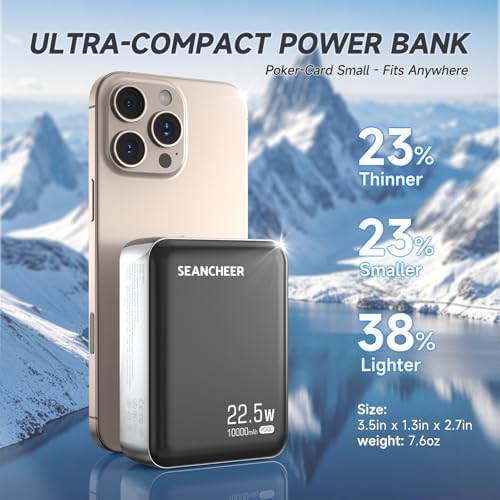 Ultra-Compact 10000 m Ah Power Bank with 22.5 W Fast Charge and Retractable 2.3 ft USB-C Cable | Triple Device Charging for i Phone 16/15, Samsung & Android | Lightweight Mini Charger with LED Battery Monitor | Essential for Professionals & Adventurers | Premium Gift-Ready Design
