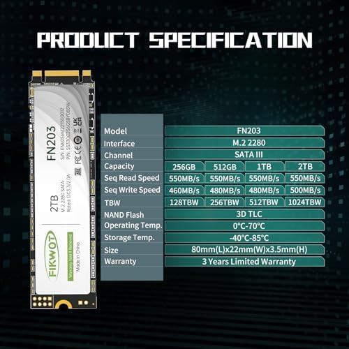 Upgrade Your Storage with the FN203 1 TB M.2 SATA SSD – Unleash Lightning-Fast Performance at Up to 550 MB/s Read Speed for Ultrabooks, Tablets, and Mini PCs – Featuring SLC Cache Technology and 3 D NAND TLC for Superior Endurance and Efficiency
