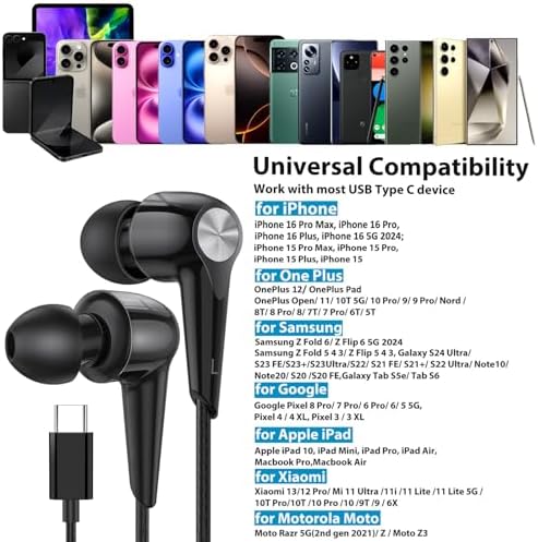 High-Fidelity USB C Noise Isolating Earbuds with Built-In Mic – Optimized Wired Headphones for i Phone 16, Samsung Galaxy S25 Ultra, Google Pixel 8 & More – Lightweight In-Ear Design with Volume Control Perfect for Sports, Work, and Daily Use – Unmatched Audio Quality and Device Compatibility