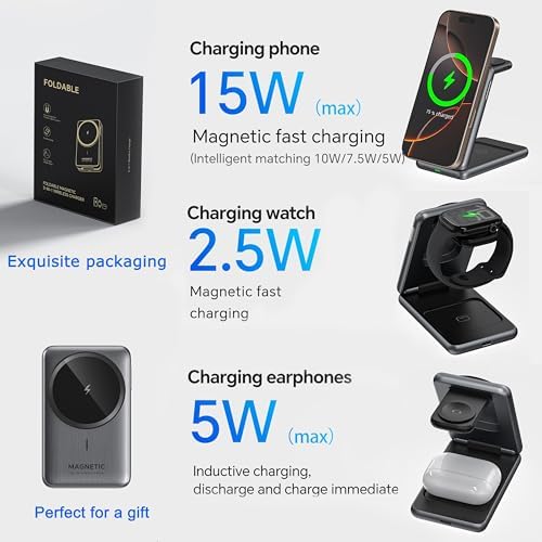 Sleek 3-in-1 Foldable Wireless Charger for i Phone with Mag Safe Compatibility – Ultra-Fast Charging Station for i Phone, Apple Watch & Air Pods – Perfect Travel Companion for Tidy Power Solutions