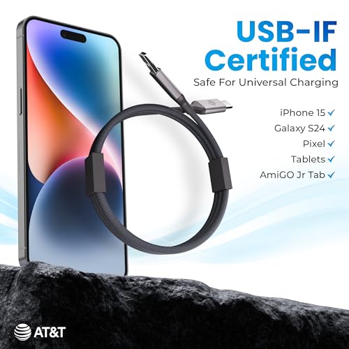 AT&T 6 ft Braided USB-C Charging Cable – Durable & Tangle-Free Cord for Fast Data Transfer and Universal Device Compatibility – Ideal for Phones, Tablets, and Laptops – Includes Warranty for Enhanced Reliability – Sleek Black Design
