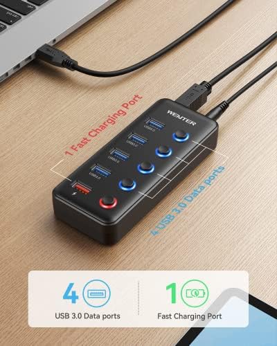 Revolutionize Your Workspace with Wenter 5-Port USB 3.0 Hub – High-Speed Data Transfer & Smart Charging Technology for PC and MAC, Featuring Individual LED Switches and 15 W Power Supply for Ultimate Control and Efficiency