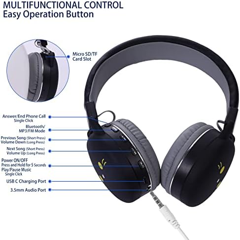 Safe and Fun Black Cat Wireless Over-Ear Headphones for Kids Aged 3-12 – 85 d B Volume Limiter, 30-Hour Playtime, Bluetooth 5.0, FM Radio & TF Card Support – Exceptional Audio Experience for Young Listeners with Ultimate Safety Features