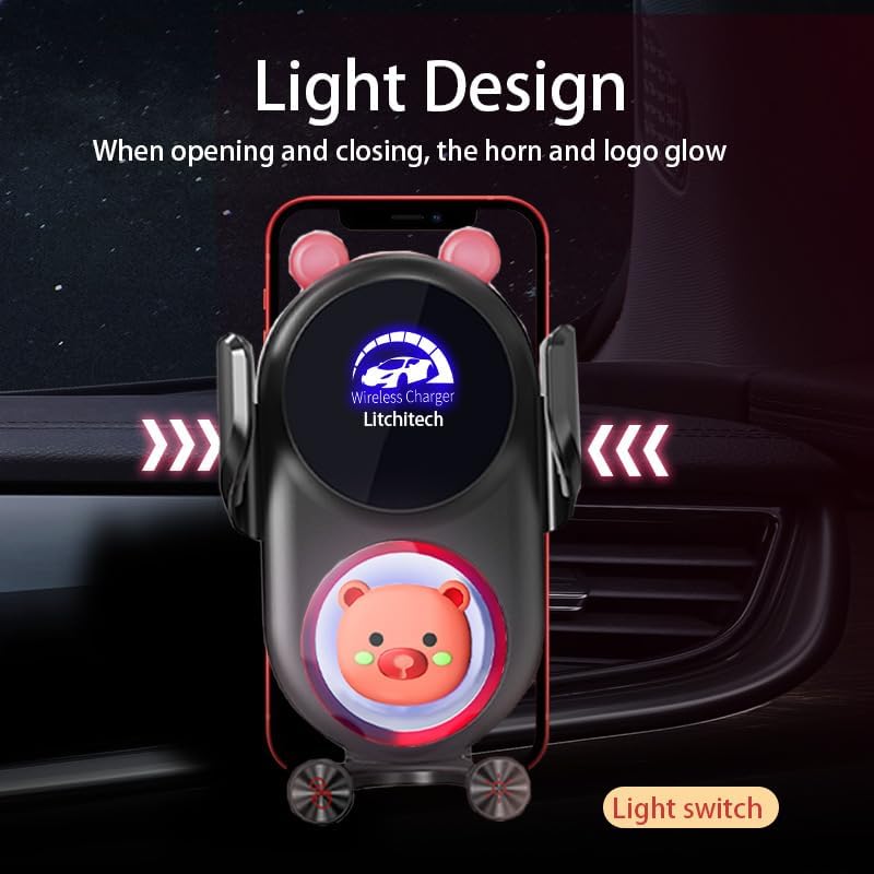 Stylish Wireless Car Charger Mount with Auto-Clamping Smart Sensor – Adorable Black Demon Design for Effortless Charging and Secure Phone Holding, Compatible with i Phone and Samsung Devices, Fast Charging Technology for Ultimate Convenience