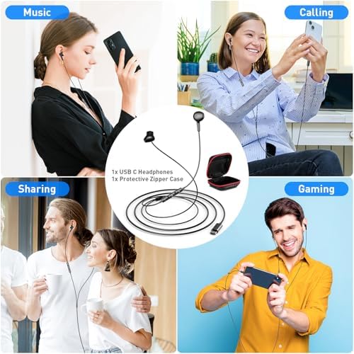 Elevate Your Audio Experience with Pink USB-C Wired Earbuds – Hi-Fi Stereo Sound with Built-in Microphone, Volume Control & Tangle-Free Magnetic Design for i Phone 16/15 Plus & Android Devices – Ideal for Calls, Music, and Podcasts