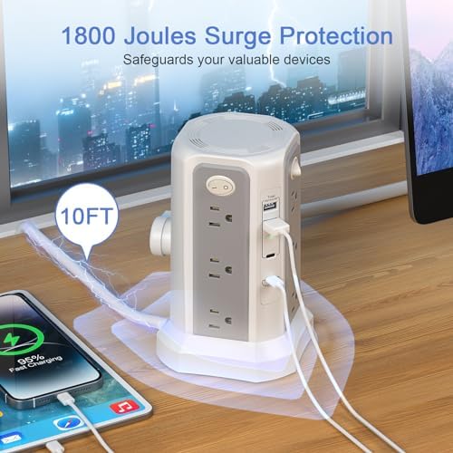 Maximize Power Distribution with the PASSUS Surge Protector Tower – 12 AC Outlets, 5 USB Ports Including 18 W USB C, 10 FT Extension Cord, Space-Saving Flat Plug, Overload Protection for Home and Office Use – Ideal for Multiple Devices and Rapid Charging Solutions