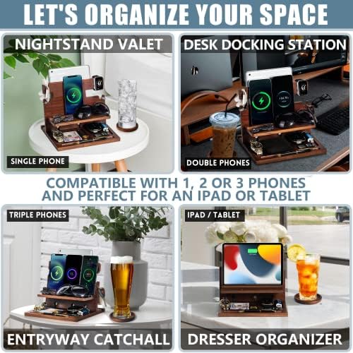 Premium Black Wood Multi-Device Docking Station – Sleek Nightstand Organizer with Hidden Drawer for Valuables, Ideal for Phones, Tablets, Apple Watch, Keys, and EDC Essentials – Streamlined Charging and Elegant Design for Home or Office