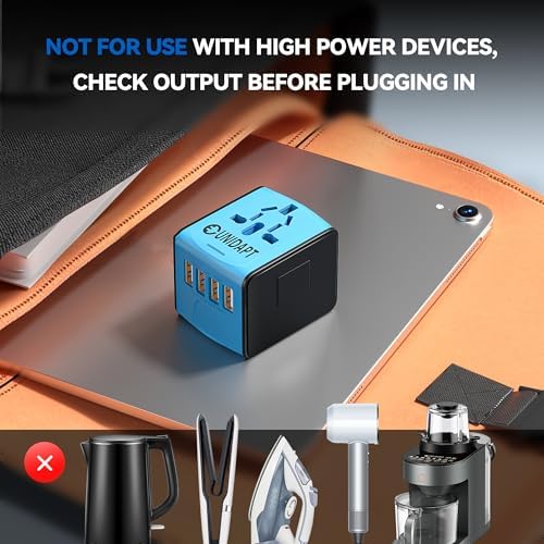 Unidapt Universal Travel Adapter: High-Speed 2.4 A 4-Port USB Charger for Global Use – Compact International Plug Adapter for Europe, USA, UK, Australia – Stylish Blue Design with Safety Features for Hassle-Free Charging on the Go