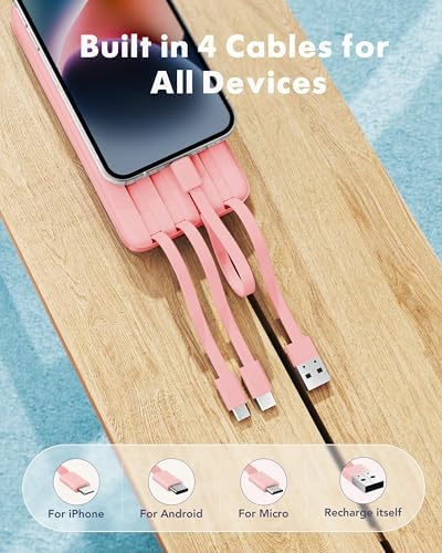 Ultra-Slim 10,000 m Ah Portable Power Bank with Built-In Charging Cables – 6 Outputs, 3 Inputs, Fast 3 A Charging for Universal Device Compatibility – Essential Travel Battery Pack for i Phone, Samsung, Google Pixel, LG, and More