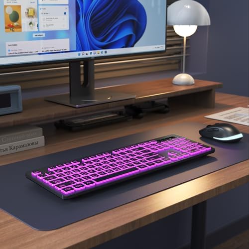 Elevate Your Typing Experience with the Large Print Backlit Wireless Keyboard – Silent, Rechargeable & Versatile for Windows and Laptops, Featuring 7 Vibrant Backlight Colors for Enhanced Visibility and Comfort