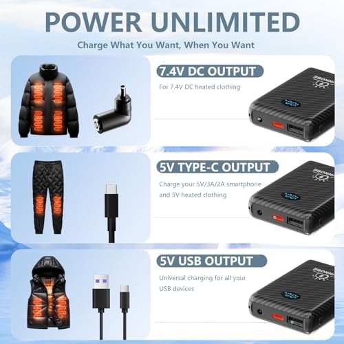 Ultimate 10000 m Ah Power Bank for Heated Vests – Versatile 7.4 V/5 V Battery Pack with DC, USB, and Type-C Outputs, Lightweight Design and LED Display for Outdoor Enthusiasts – Charge Your Devices While Staying Warm