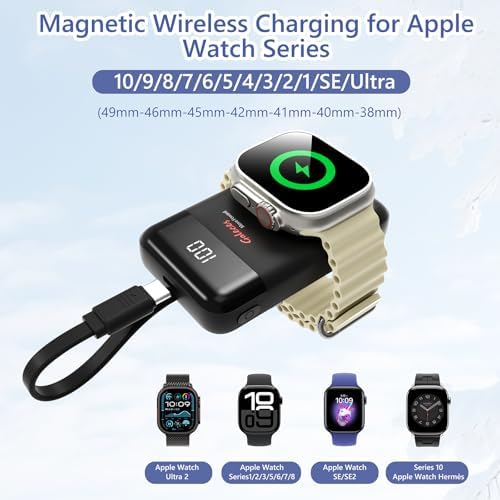 Compact 3000 m Ah Wireless Magnetic Charger for Apple Watch & i Phone – Fast Charging Power Bank with Built-in USB-C Cable, Perfect Travel Gift for SE/Ultra/1-9 Series & i Phone 15/16, Sleek White Design for Effortless Power On-the-Go