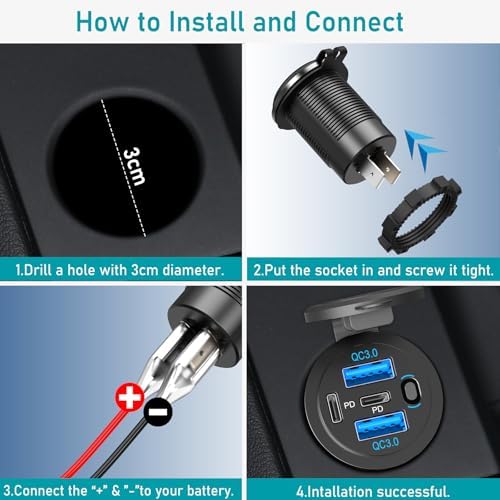 High-Power 4-Port 12 V USB C Car Charger Socket – 90 W Dual PD 36 W & QC 18 W Ports for Fast Charging – Versatile Marine, RV, Truck & Motorcycle Compatibility with Button Switch & USB-C Cable Included – Ultimate On-the-Go Power Solution