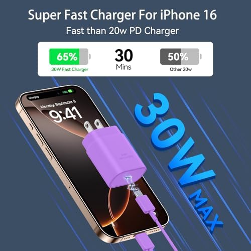 30 W USB-C Fast Charging Block with 10 FT Type C Cable – Ultimate Charging Solution for i Phone 16/15 Series and Beyond – Compact, High-Efficiency Power Adapter for Home and Travel Use – Safe and Reliable Device Charging