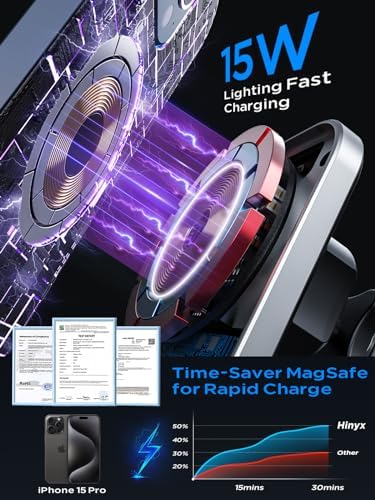 Hinyx 15 W Magnetic Wireless Car Charger for Mag Safe – Fast Charging Phone Mount Compatible with i Phone 15/14/13/12/11 Pro Max, Samsung, Google, LG – Secure Vent & Dash Holder for Effortless Navigation and Music Control