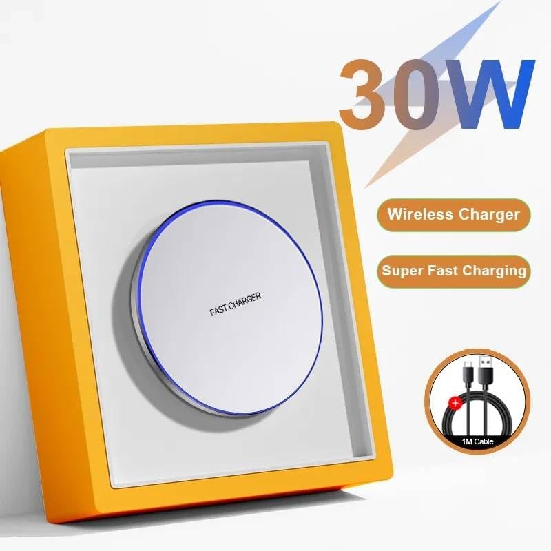 30 W Ultra-Fast Wireless Charging Pad – Versatile Compatibility for i Phone 14/13/12/11 Series and Samsung Galaxy S23/S22/S21 – Sleek, Portable Design with Advanced Safety Features – Experience Rapid, Tangle-Free Power Anywhere