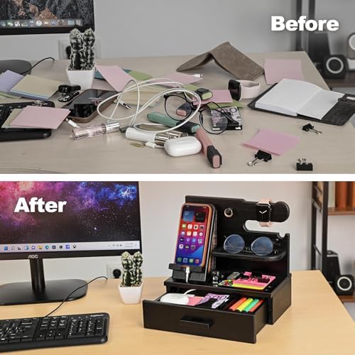 TESLYAR Wood Phone Docking Station with Drawer – Nightstand Organizer – Desk Organizer for Husband – Birthday Gifts for Men, Dad, Anniversary Idea, Key Holder Stand Watch & Accessories (Bourbon Brown) – Enhanced Compatibility and Speed