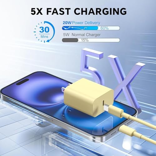 Power Up with Style: 2-Pack 20 W USB C Fast Charger with 10 FT 60 W Charging Cable – Ideal for i Phone 16/15 Series – Compact, Efficient, and Colorful Design for Enhanced Compatibility and Speed