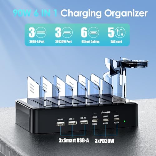 Ultimate 90 W Multi-Device Charging Station – 6-Port Organizer with 3 PD 20 W USB-C Fast Charge Capability for i Phones, i Pads, Tablets, Kindles, and More – Includes 6 Versatile Cables, Air Pods and Apple Watch Holders – Streamlined Design for Enhanced Efficiency and Space Management