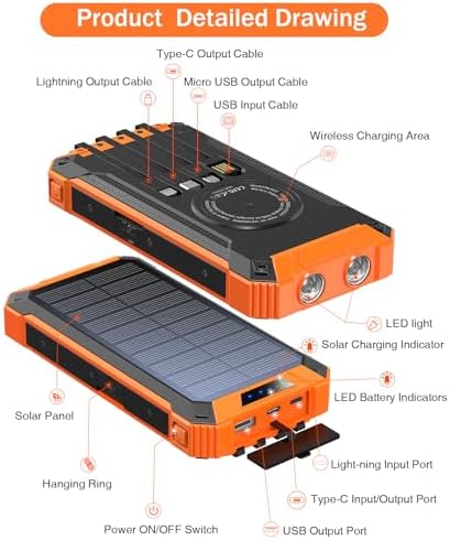 GOODaaa 36,000 m Ah Solar Wireless Power Bank with Built-in 4 Cables, Fast 15 W Charging, 6 Outputs & Dual Flashlights – Ultimate Portable Charger for All Devices with Carabiner for Easy Carrying