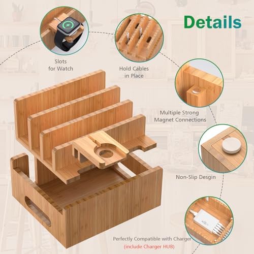 Eco-Friendly Bamboo Charging Station: Multi-Device Organizer with 5 USB Ports, Smartwatch & Earbuds Stand – Ultimate Desk Dock for Cell Phones and Tablets, Enhanced Speed & Compatibility