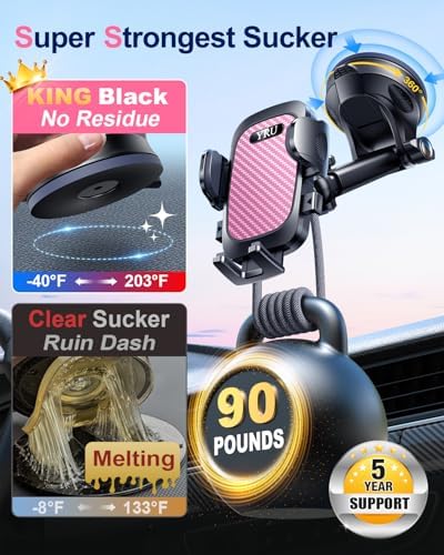 YRU 2025 Military-Grade 360° Rotatable Suction Car Phone Holder – Ultimate Dashboard & Windshield Mount for i Phone 16/15 Pro Max & Samsung – Unmatched 90+ LBS Capacity, Enhanced Compatibility & Easy Installation – Secure, Durable, and Versatile Universal Cradle for Safe Hands-Free Navigation