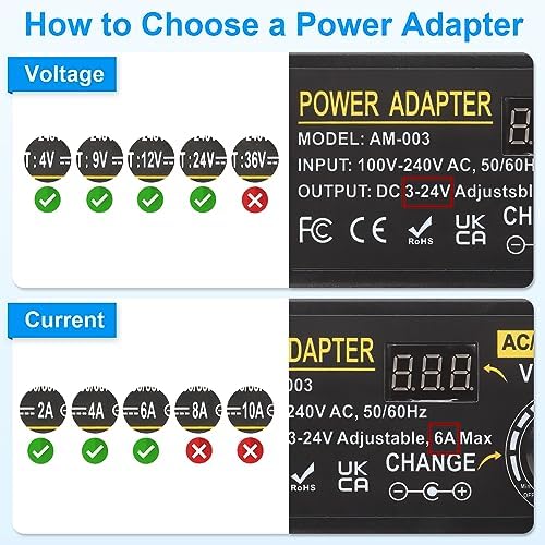 Universal Adjustable DC Power Supply Adapter, 3 V-24 V, 3 A, 72 W – Versatile AC to DC Converter with 14 Interchangeable Tips for Maximum Device Compatibility and Enhanced Performance