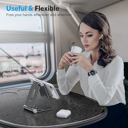 OMOTON Foldable Cell Phone Stand, C4 Portable Aluminum Phone Holder, Adjustable Phone Dock Cradle Compatible with iPhone 16/15/14 Pro Max, Samsung Galaxy, Small Tablets and Other Phones, Grey – Enhanced Compatibility and Speed