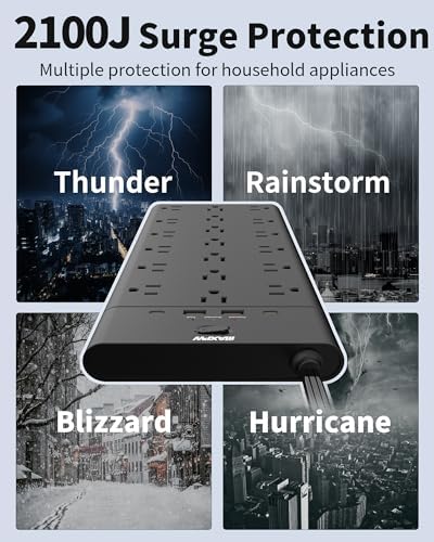 Ultimate Surge Protector Power Strip with 19 Outlets & 4 USB Ports – Heavy-Duty 6.5 Ft Extension Cord, 1875 W Power Capacity, 2100 Joules Surge Protection, Wall Mountable for Home, Office, and Gaming – Efficient Power Management Solution in Sleek Black Design