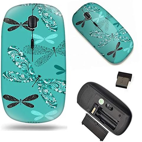 Wireless Ergonomic 2.4 G Laptop Mouse with Vintage Dragonfly Design – Stylish Turquoise & Black-White Wireless Computer Accessory for Enhanced Comfort and Performance