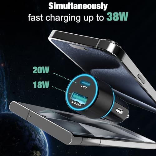Dual Port 38 W USB-C Car Charger (2 Pack) – Fast Charge Your i Phone 16 Pro/Max/Plus & Samsung Galaxy S25/S24/S23 with 20 W PD & 18 W QC – Includes 3.3 FT Type C Cable – Sleek Black Design for Enhanced Compatibility and Efficiency, Perfect for Road Trips and Daily Commutes
