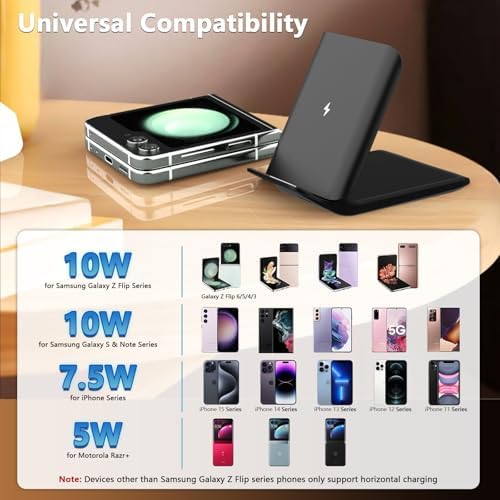 Portable 2-in-1 Fast Charging Station for Samsung Galaxy Z Flip Series – Foldable Wireless Charger with Enhanced Compatibility for Galaxy S, Note, and Watch – Ideal Travel Companion with Adapter Included – Sleek Black Design for Effortless Power on the Go
