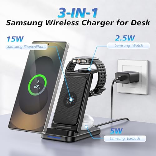 3-in-1 Fast Wireless Charger Station for Samsung Devices – Foldable Dual Coil Charging Hub for Galaxy Watch 7/6/5, Galaxy Buds, and S25/S24 Ultra – Compact, Travel-Friendly Design with Enhanced Safety Features and Universal Compatibility