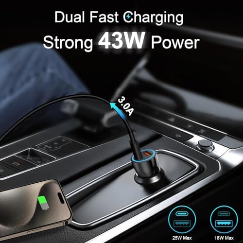 MFi Certified Apple i Phone 16 & 15 Car Charger – 43 W USB-C Fast Charging Adapter with 3.3 FT Cable for Pro, Max & Plus Models – Dual Port PD & QC 3.0 Technology for Ultimate Charging Efficiency on the Go