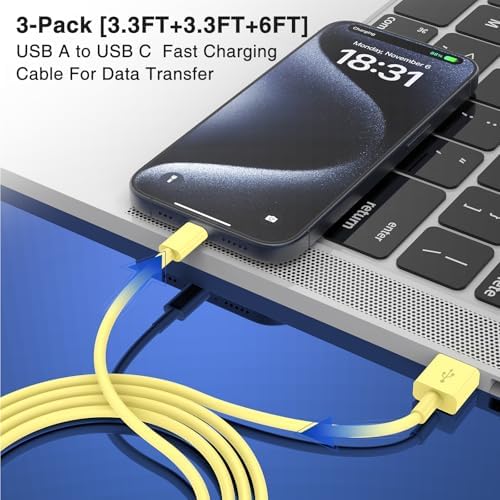 3-Pack Black [3.3FT+3.3FT+6FT] USB A to USB C Cable，USB to USB C Car Carplay Cable for iPhone 16 15 Pro Plus Pro Max，for iPad Pro/Air/Mini，for Samsung S24/S23/S22，for MacBook Pro/Air and More – Enhanced Compatibility and Speed