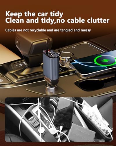 Ultimate 3-in-1 Retractable Car Charger – 50 W Fast Charging Solution with Type C Cable & USB Port for i Phone 16/15/14/13/12/11, Galaxy & Pixel Devices – Tangle-Free Convenience for On-the-Go Power Management