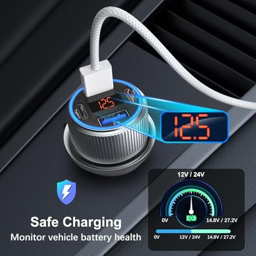 Premium 65 W Multi-Port USB C Car Charger for i Phone 16/16 e/15 Pro Max & Samsung Galaxy Devices – Dual USB-C Fast Charging Adapter with Integrated Voltmeter for Safe, Efficient Power Delivery on the Go – Ideal for Family Road Trips & Daily Commutes