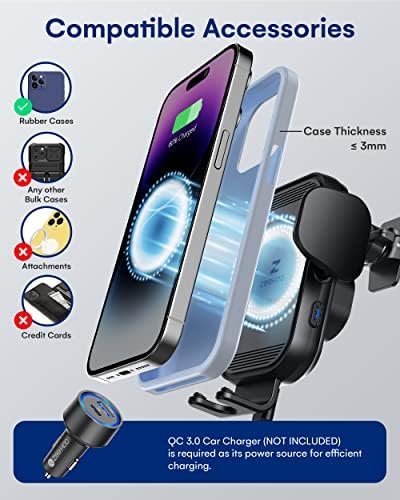 Zee Hoo 15 W Fast Wireless Car Charger with Auto-Clamping Phone Holder – Effortless One-Handed Operation for i Phone 15/14/13/12/11 Pro Max, Qi-Enabled Charging Mount in Sleek Black for Optimal Driving Convenience and Seamless Integration