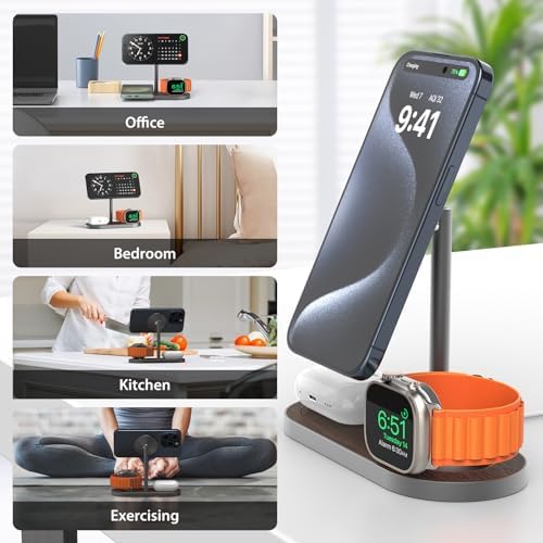Sleek Aluminum Alloy 3-in-1 Magnetic Wireless Charging Station for Apple Devices – Fast 5 W Charger for i Phone 16/15/14/13/12, Apple Watch 9/8/7/SE & Air Pods – Ideal Travel Accessory for Clutter-Free Charging Solutions