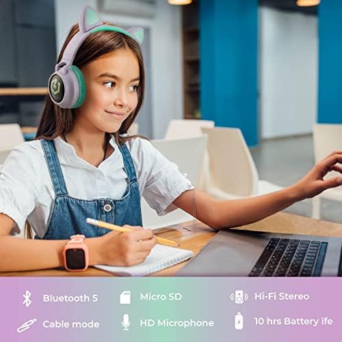 Kid-Friendly Bluetooth Headphones with LED Lights – Safe 85 d B Volume Limit for Young Ears, Foldable Design for Travel Ease, Micro SD Card Playback, Integrated Mic for Calls – Perfect Wireless Audio for Kids’ Adventures and Learning