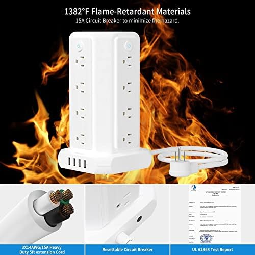 NTONPOWER 16-Outlet Surge Protector Tower with 4 USB Charging Ports – Advanced Desktop Power Strip with Individual Switches, 5 ft Extension Cord, and 1080 J Surge Protection for Home Office & Dorm Room Efficiency – Space-Saving & Safe Power Solution