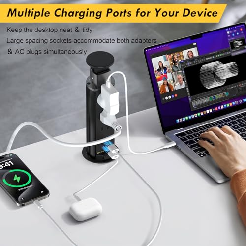 Elevate Your Charging Station with the Kungfuking Retractable Pop Up Outlet Socket – Versatile Power Hub Featuring 3 US Plugs & 2 USB Ports for Kitchen Counters, Conference Rooms, and Office Spaces, Sleek Black Design for Modern Aesthetics, Efficient Charging & Clutter-Free Organization