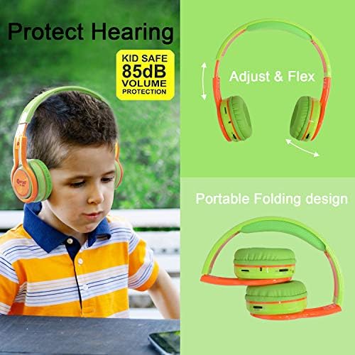Vibrant Contixo KB-2600 Kids Bluetooth Headphones – Safe 85 d B Volume Limiting Over-Ear Design with Built-in Mic, FM Radio & Micro SD Slot – Portable Foldable Fun in Eye-Catching Green & Orange for Ultimate Audio Adventure