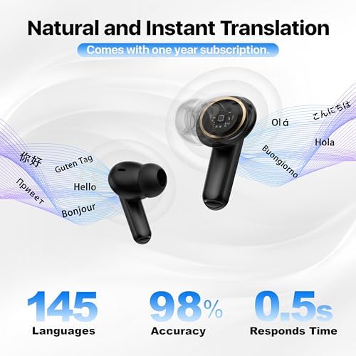 Bluetooth 5.4 Wireless Noise Cancelling Earbuds with Real-Time Multi-Language Translation – High-Fidelity Sound and Deep Bass for Travelers and Audiophiles – Stylish Black Ergonomic Design for Ultimate Comfort and Versatility