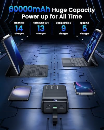 Ultimate 60000 m Ah Portable Charger – 22.5 W High-Speed Power Bank with LED Display, Multi-Device Support & Versatile USB-C, Micro USB, Lightning Inputs – Ideal for Travel, Camping, and Everyday Use – Stay Charged Anywhere, Anytime