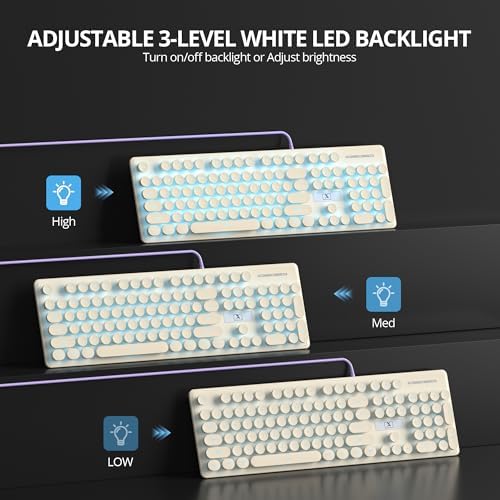 Elevate Your Workspace with the Fogruaden Retro Typewriter Keyboard – Stylish Full-Size USB Design, 104 Round Keys, and White LED Backlighting for Effortless Night Use, Ergonomic & Silent Membrane Keys Perfect for Windows PC and Laptops, Ideal for Writers and Gamers Seeking a Unique Vintage Touch