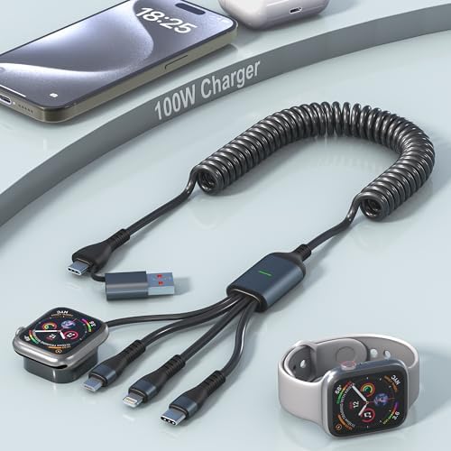 Revolutionary 4-in-2 Retractable Multi-Device Charging Cable: Fast USB-C Power Solution for Apple Watch, i Phone, i Pad, and Mac Book – High-Efficiency 100 W Charger with Lightning, Micro USB, and Type-C Compatibility – Optimal Durability for Effortless Charging On-the-Go