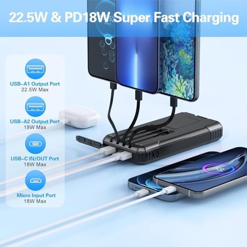 High-Capacity 33800 m Ah Solar Power Bank with 4 Built-in Cables – 22.5 W Fast Charging, 7 Outputs & 4 Inputs, Integrated Compass & SOS Features for Outdoor Adventures – Rugged Portable Charger with Strong Flashlight for Emergency Preparedness