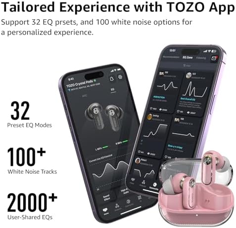 TOZO Hybrid Active Noise Cancelling Wireless Earbuds – Advanced Bluetooth 5.4 for Rapid Pairing, Immersive Deep Bass with 10 mm Drivers, AI-Powered Noise Cancellation via 4 Microphones for Crystal-Clear Calls, Fully Customizable 32 EQ Settings through TOZO App, Stylish and Waterproof Design for Comfort During Extended Wear