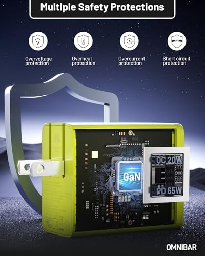 Omnibar 65 W Ga N USB-C Fast Charger Block – 3-Port Travel Adapter for i Phone 16/15, Mac Book Pro/Air, Galaxy S24/S23 & Nintendo Switch – Compact Lime Green Design for Effortless Multi-Device Charging – Universal Compatibility & High-Efficiency Power Delivery for On-the-Go Tech Users